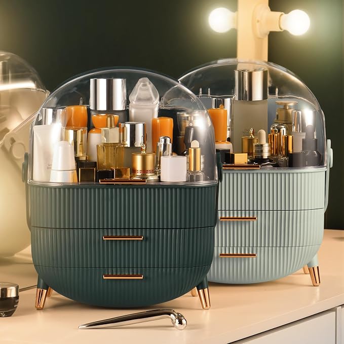 CANITORON Makeup Organizer with 2 Drawers and Brush Storage Box, Cosmetic Display Case for Vanity and Bathroom Countertop Storage (Sage Green)