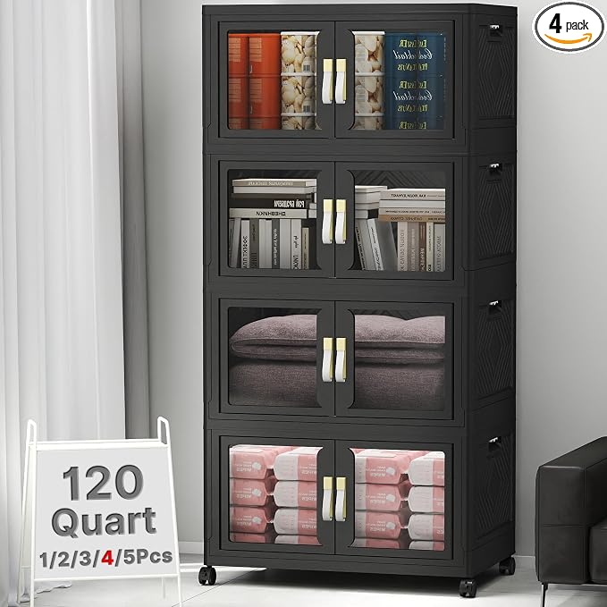 Stackable Storage Bins with Lids, 480QT Extra Large Storage Cabinet | Clear Doors, Foldable Storage Drawers, Heavy Duty, Collapsible Closet Organizers for Bedroom Office (4, Black, 120, Quarts)