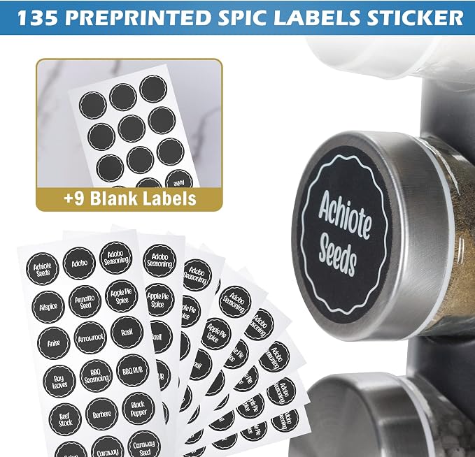 Tianifa Black Countertop Revolving Spice Rack, Empty 20-Jars Rotating Spice Rack Organizer, Round Carousel Tower, 135 Spice Labels with Funnel Complete Set, for Kitchen Countertop, Cabinet