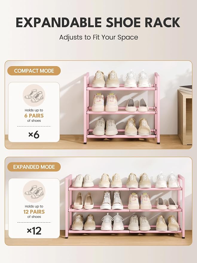 Bumusty 3 Tier Expandable Shoe Rack for Closet, Pink | 18"-33" Adjustable Shoe Rack for Entryway, Small Shoe Organizer for Dorm, Front Door, Sturdy Metal