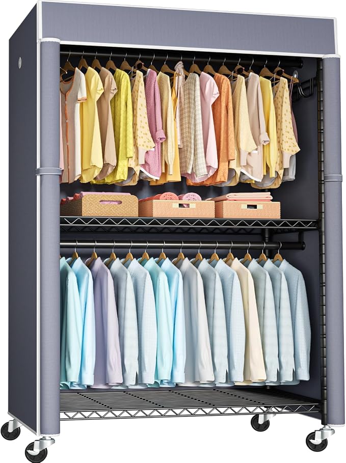 Black Clothing Rack with Grey Cover, P1C Plus Rolling Closets | Metal Garment Rack with Wheels for Hanging Clothes, Portable Clothing Storage Wardrobe