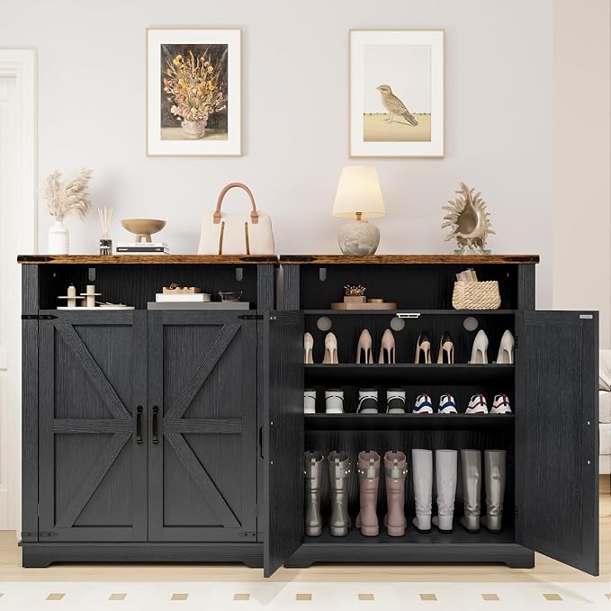 ALLSTAND 6-Tier Shoe Cabinet with Doors, Entryway Shoe Rack Shoe Storage Cabinet with Adjustable Shelves & Anti-tip Fitting, Farmhouse Shoe Cabinet Storage for Entryway, Living Room, Closet, Black