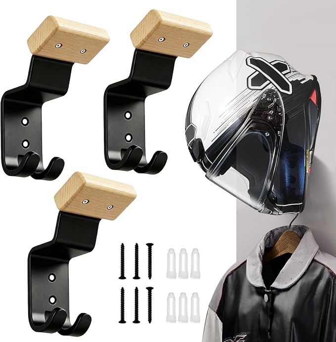 Motorcycle Helmet Holder Wall Mount - Heavy Duty Helmet Hanger Rack with 2 Key Hooks, Solid Wood & Strong Steel Design for Bike, Football, Skiing Sports Gear, Jackets & Hats (Yellow*3)