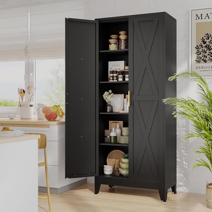 71" Metal Storage Cabinet with 2 Doors and 4 Adjustable Shelves,Black Farmhouse Kitchen Pantry Cabinet,Steel Garage Tool Cabinet,File Cabinetfor Home,Office,Dinning Living Room,Warehouse
