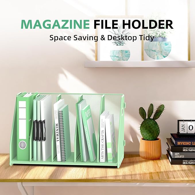 Binder Organizer, Magazine File Holder with 5 Vertical Compartments Rack, Metal Desk File Organizer & Binder Holders, Magazine Organizers for Office Desktop, Home, School (Green)