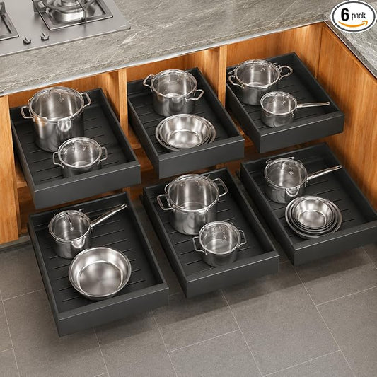 6 Pack Pull out Cabinet Organizer, Expandable(12"-20") Heavy Duty Slide out Drawer Fixed with Adhesive Nano Film for Pots, Roll out Shelf Storage for Kitchen Organization, Pantry, Bathroom(Black)