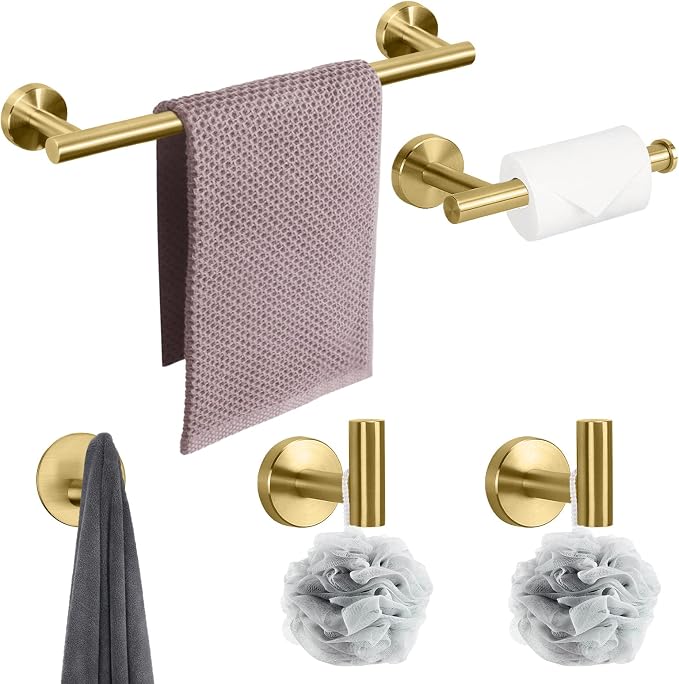 NearMoon Bathroom Hardware Set SUS 304 Thicken Stainless Steel-Towel Bar Set Include 16" Towel Rod, Toilet Paper Holder, Multifunctional Hooks Bathroom Accessories (Brushed Gold, 5 Pcs)