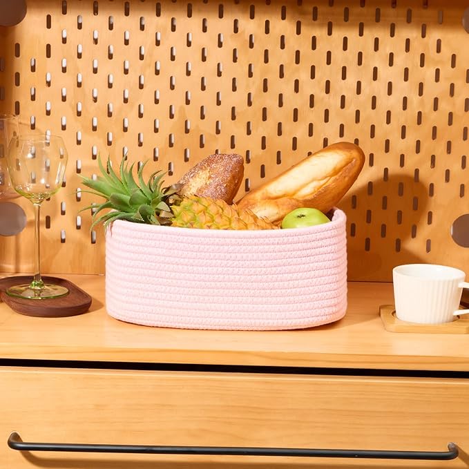 MiniArk Small Storage Baskets for Organizing | Closet Organizer Bins | Shelf Toy Basket | Woven Rope Baskets | Cube Decorative Box | Shallow Basket | 11.5x7.5x4.7” | 3 Packs Light Pink