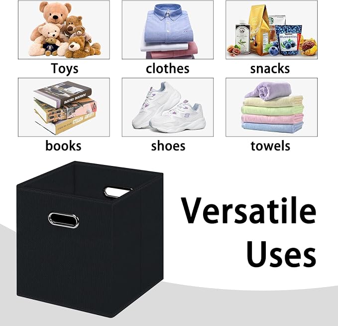 Black Foldable Storage Cubes Bins , Fabric Storage Box Cubes Organizer Baskets with Dual Handles for Home Organizer (Black)