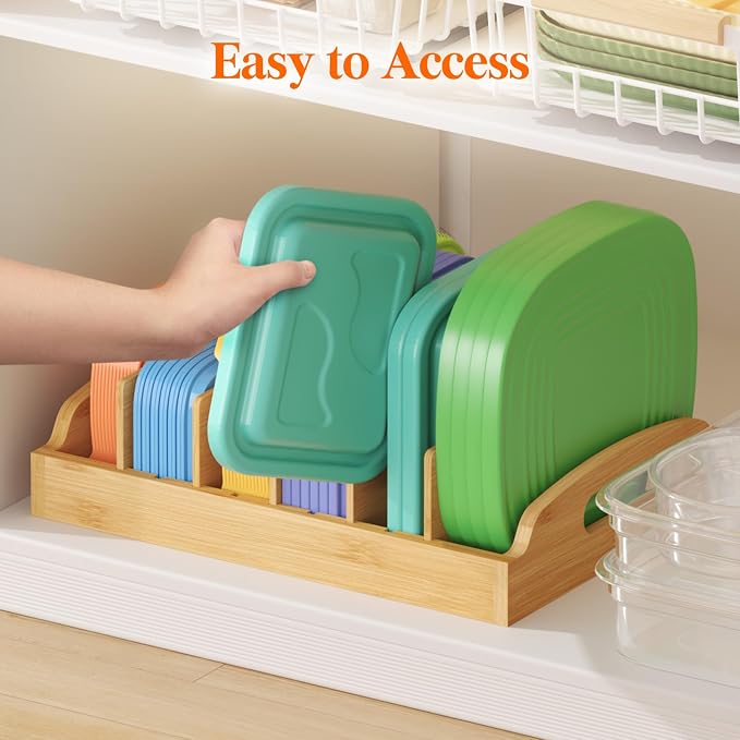 Lifewit Bamboo Lid Organizers for Inside Cabinet, Food Storage Container Lid Holder with 5 adjustable Inserts & 6 Sections, Kitchen Pantry organizer and storage, Large, 13.2" x 10"/34 x 25cm