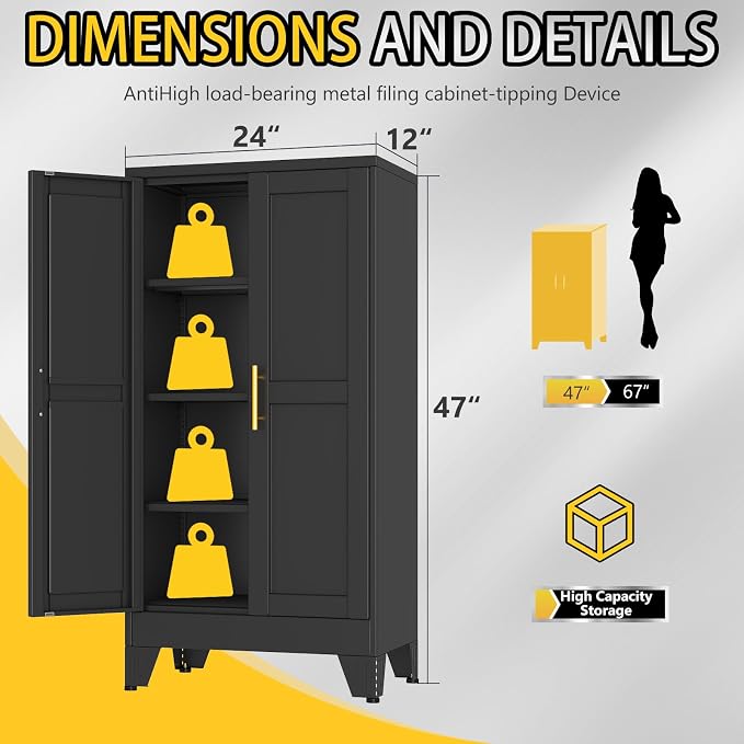 PAOFIN Metal Storage Cabinet with 2 Doors and 3 Adjustable Shelves, Metal Garage Storage Cabinets, File Cabinet,Steel Tool Cabinets for Home,Office,Garage,School,Warehouse(Black)