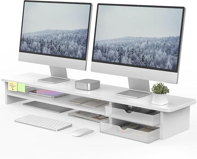 Fenge Monitor Stand, Desk Computer Riser with Frosted Storage Drawer, White | 42.5 Inch Dual Monitor Riser, 2 Tiers, Cable Management, Desk Shelf for 2 Monitors, Ultrawide Screen, Laptop, TV, Home Office