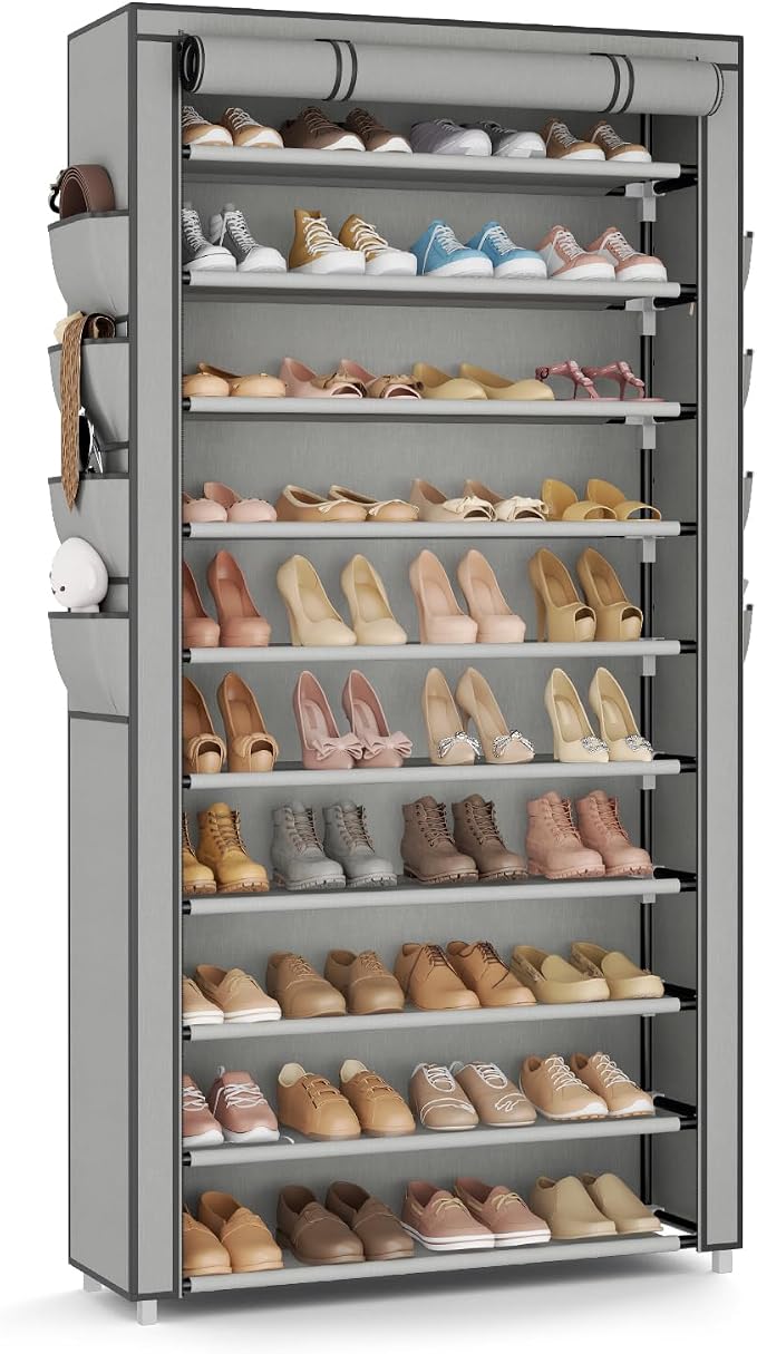 VTRIN Tall Shoe Rack with Cover, 10 Tier Shoe Organizer Storage for 50-55 Pairs Shoes and Boots Large Capacity Shoe Shelf with 8 Pockets Free Standing Shoe Rack for Closet, Entryway, Garage, Grey