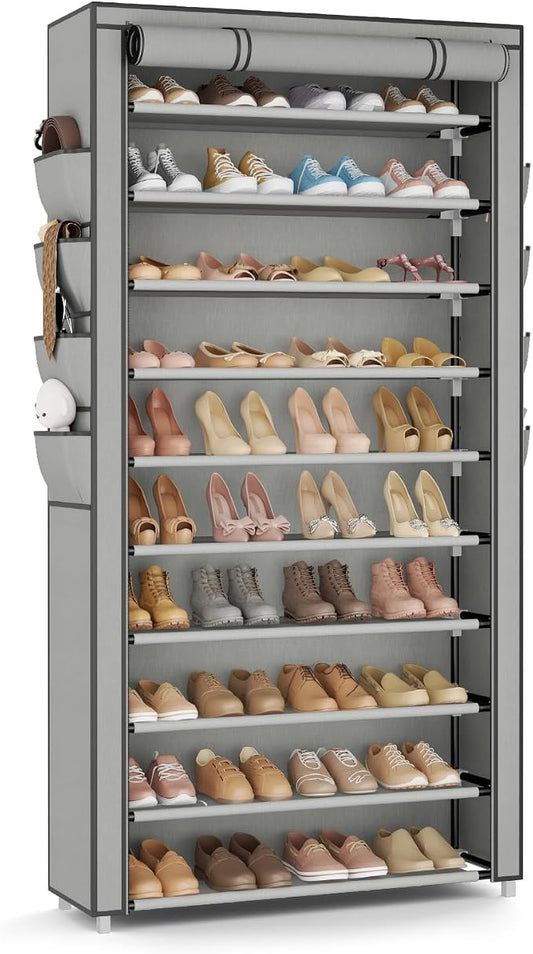 VTRIN Tall Shoe Rack with Cover, 10 Tier Shoe Organizer Storage for 50-55 Pairs Shoes and Boots Large Capacity Shoe Shelf with 8 Pockets Free Standing Shoe Rack for Closet, Entryway, Garage, Grey