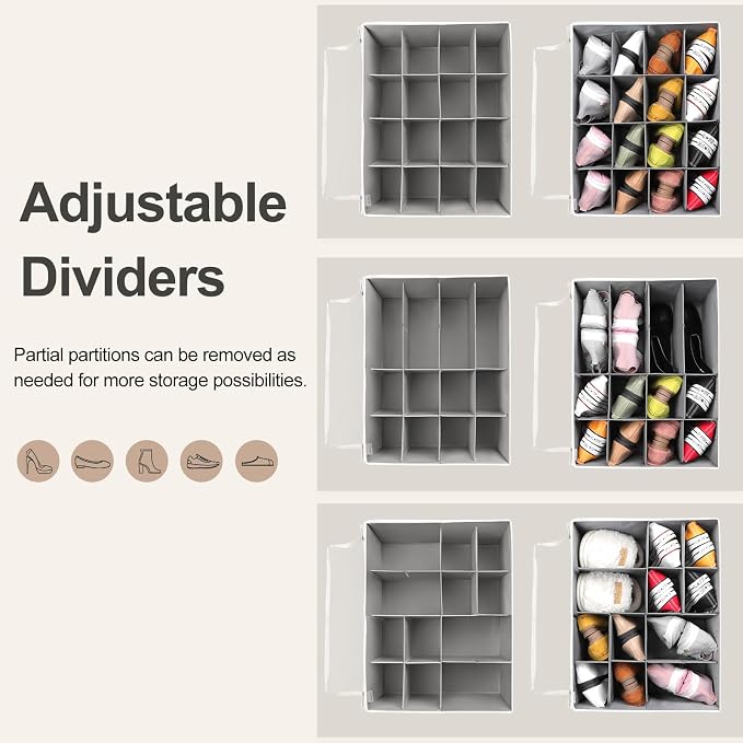 Shoe Organizer for Closet 2 Pack, Foldable Shoe Box with Adjustable Dividers and Clear Cover, Space Saving Shoe Storage Organizer Cabinet with Reinforced Handles, Fits 32 Pairs TP12WG