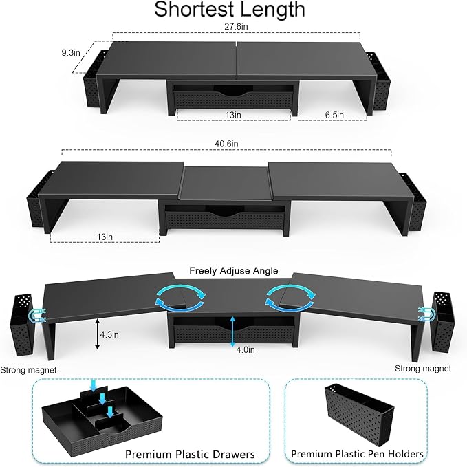 gianotter Dual Monitor Stand Riser, Desk Organizer With Drawer and 2 Pen Holders, Computer Monitor Stand, Desk Shelf for Top of Desk (Black)