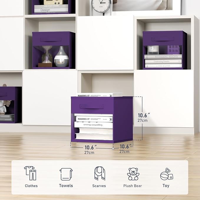 DIMJ Storage Cubes, Cube Storage Bin, 8 Pack Foldable Baskets with Window, Closet Storage Bins with Handle, 11x 11 inch Storage Cubes for Clothes, Toys, Books (Purple)