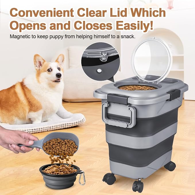 Dog Food Storage Container, 10-20 lbs Airtight Collapsible Cat Food Storage Container with Attachable Wheels, Portable Handle, Dog Food Scoop for Dog Cat Bird Pet Dry Food Storage Bin Dark Grey