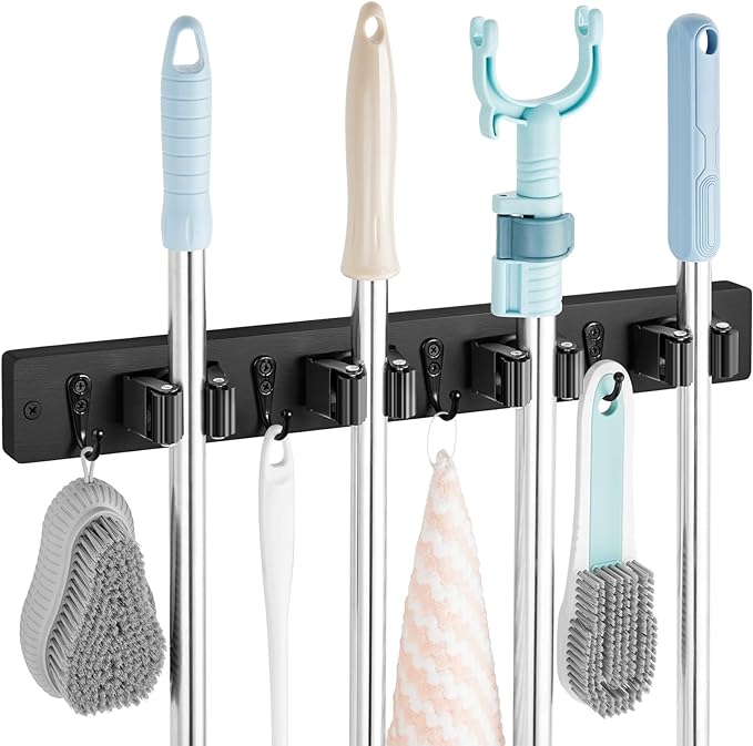 OUTNILI Black Mop Broom Holder Wall Mount with 4 Slots & 4 Hooks - Rustic Wood Broom Mop Hanger for Pantry Closet Laundry Room Organization - Heavy Duty Garden Tool Organizer - Black Kitchen Decor