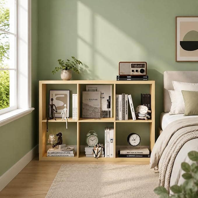 CTESNE【2026 Wooden Thick Frame 6 Cube Storage Organizer Shelf with Anti-Tipping Kits + Reversible Open Back Bookcase, Horizontal and Vertical Dual-use (Oak 13in)