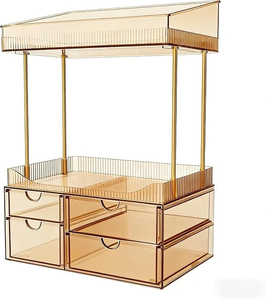 SNSLXH 4-Tier Clear Makeup Organizer Bathroom Storage Amber | 4 Drawers Cosmetics Organiser, Ideal for Countertop, Bathroom, Office, Dresser, for Cosmetics, Skincare, Perfume, Lipstick