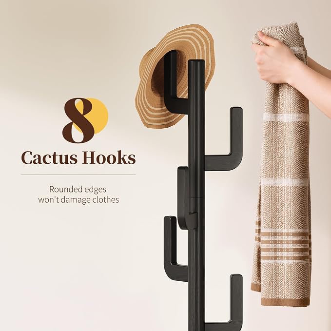 Yoobure Solid Wood Coat Rack - Cactus Coat Tree Freestanding with 8 Hooks, Coat Hanger Stand with 3 Adjustable Sizes for Jacket, Hat, Clothes Stands for Hall, Entryway, Bedroom, Office, Living Room