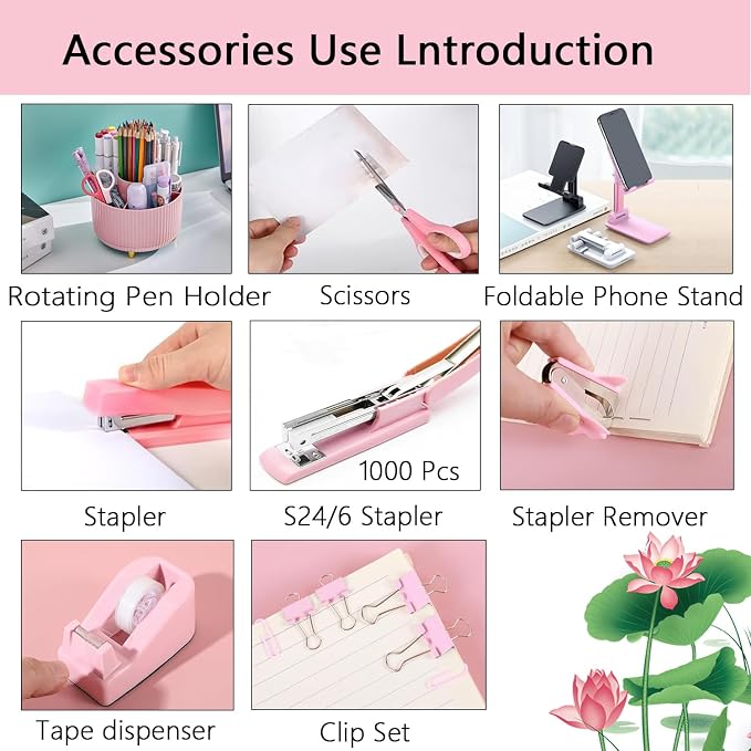Office Supplies,Pink Desk Accessories,Desk Organizer,Stapler,Tape Dispenser,Folding Phone Stand,Scissors,Notebook,Staple Remover,Staples,Clear Tape,Sticky Notes,Clips,Cool Pen,Bookmark,Ect.22pcs