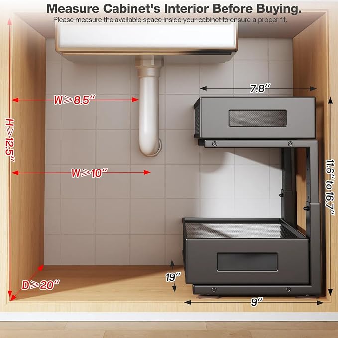 2 Packs 19IN Depth Under Sink Organizer, 2-Tier Pull Out Cabinet Organizer With Smooth Circular Rail, Large Capacity Metal Mesh Sliding Drawers For Bathroom& Kitchen Storage,Height Adjustable –Black