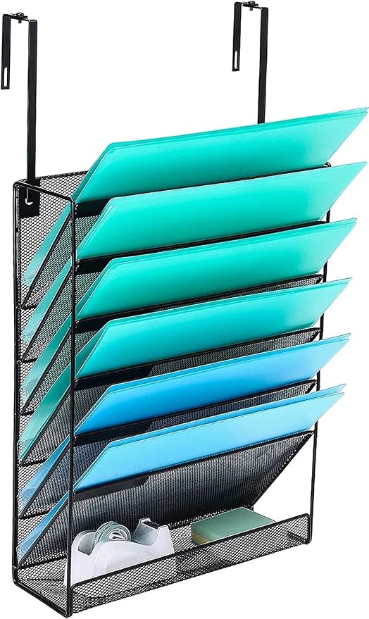 Delifox 7 Compartment Wall Mounted Hanging File Organizer for Office | Wall File Holder Sturdy Metal Mesh Desk Organizers