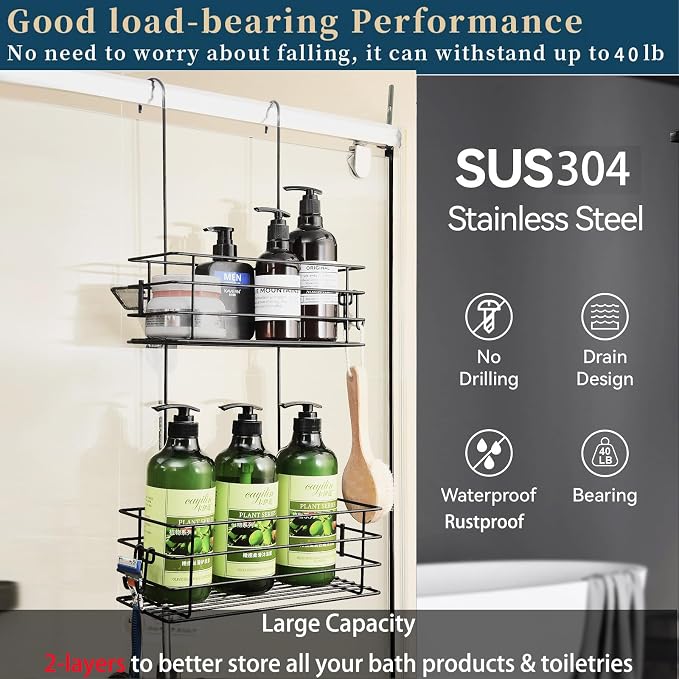 2-Tier Shower Caddy Hanging Shower Organizer Rack with Hooks Over The Door