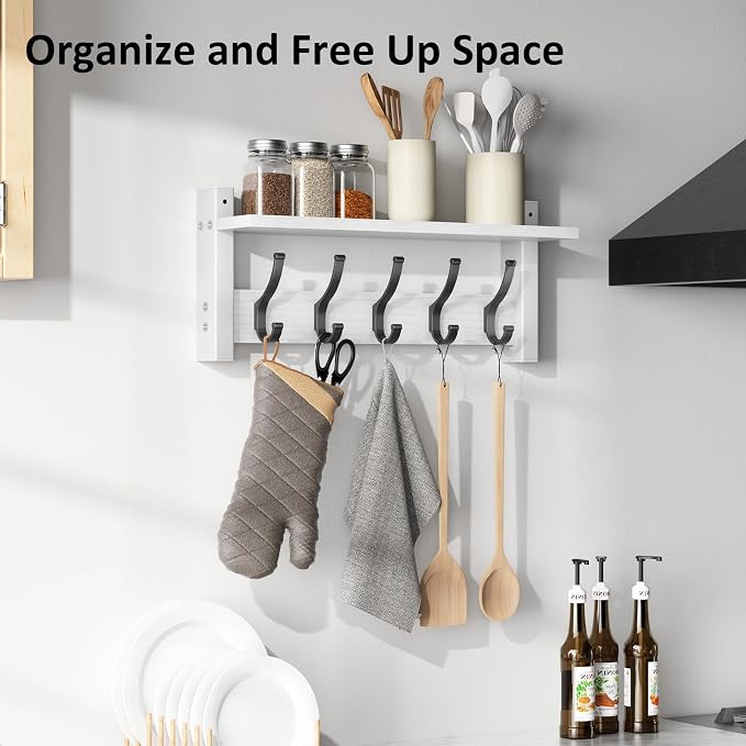 Optish Coat Rack Wall Mount with Shelf, 17.1 Inch Coat Hanger Walls Mounted, Hat Rack for Walls, Shelf with 5 Coat Hooks, Wall Hanger for Entryway (White)