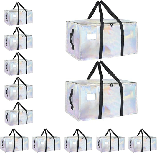 12 Pack-Extra Large Heavy Duty Moving Bags - Waterproof Storage Totes with Handles & Zippers, Foldable for College Dorm, Storage (Shiny Color)