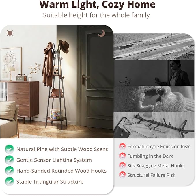 young master Freestanding Coat Rack with Light, 12 Hooks & 3 Wood Shelves, Black