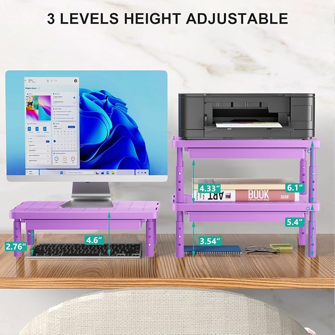 WALI Computer Monitor Stand with Storage, Desk Monitor Riser 3 Height Adjustable, Laptop Riser with Airflow Vents, Desk Organizer for Computer, Laptop, Printer (PTT002-V), 1 Pack, Violet