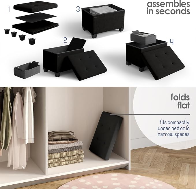 Storage Ottoman Cube with Small Bin, 16-in Square Ottoman with Storage for Living Room and Bedroom, Small Ottomans Foot Rest, Velvet Foot Stools Ottomans Max 330lbs, Black