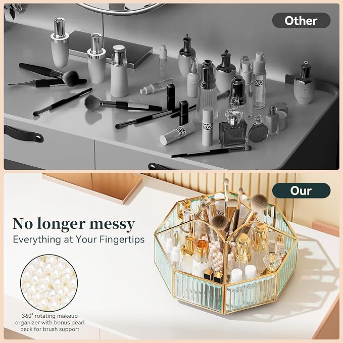 CoralHouse Rotating Glass Makeup Organizer for Vanity with Brush Holder | 5 clear compartments organize lipstick, perfume, palettes and skincare on a vanity, bathroom countertop or beauty station