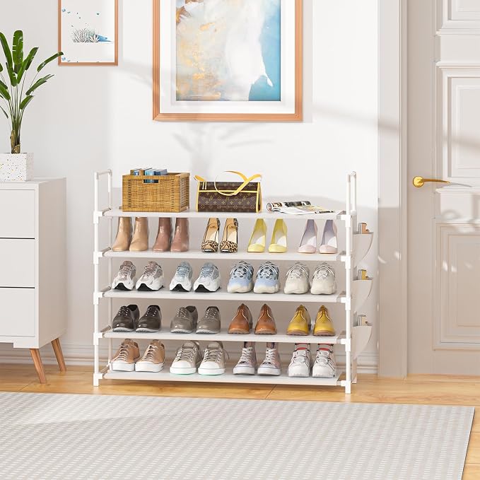 OYREL 5 Tier Shoe Organizer, 33.3in Wide x 11.2in Deep x 35.6in Tall, Black Metal and Plastic Shoe Rack with Side Bag, Holds 20-25 Pairs of Shoes | Closet, Entryway, Garage, Door Entrance, Space Saving Shoes Holder Stand, Sturdy Metal Free Standing She...