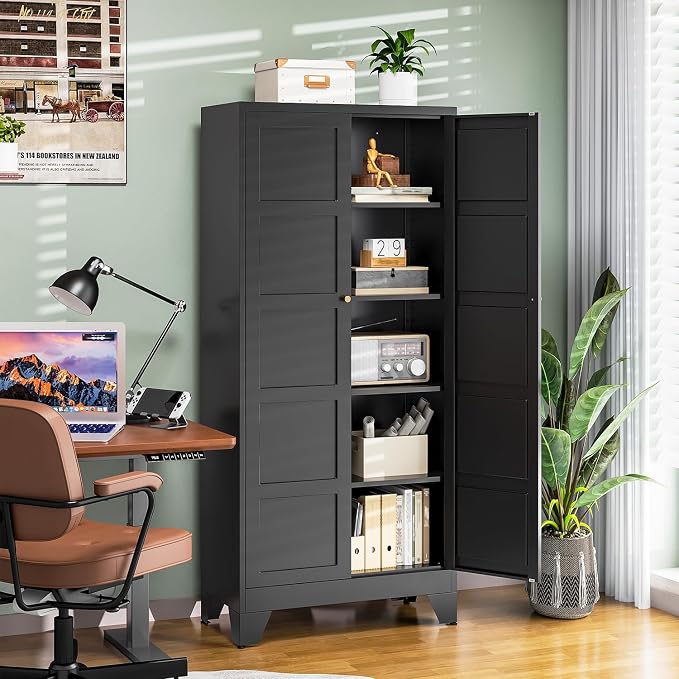 Letaya 71" H Metal Storage Cabinet with 2 Doors and 4 Shelves,Tall Kitchen Pantry Cabinets,Utility Pantry Organizers for Cupboard/Dining/Bathroom/Home Office/Garage (Black, 71" H x 16" D x 32" W)