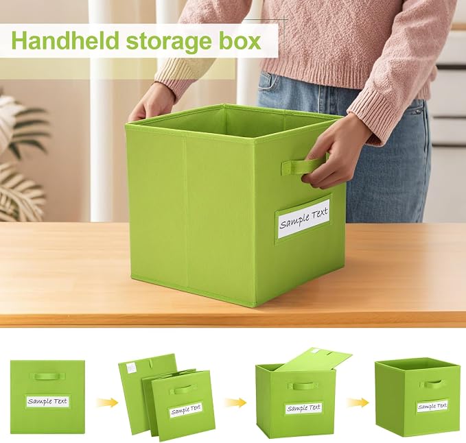 Fabric storage cubes (8 Pack) 11 Inch Cube Storage Bin, cube organizer bins with 8 Labels Window Cards & a Pen, Foldable cube organizer bins and Storage Box, lime green