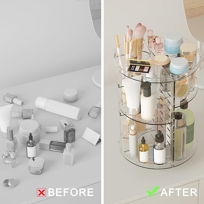 Rotating Makeup Organizer, DIY 8 Adjustable Layers Spinning Skincare Storage, Cosmetic Display Case with Brush Holder and Perfume Tray, Multi-Function Vanity Bathroom Countertop Organizer Clear