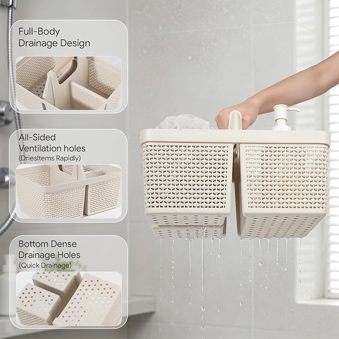 UUJOLY Portable Plastic Shower Caddy Basket with Wooden Handle, Beige | Divided Storage Organizer Tote for Bathroom, Dorm, College, Kitchen & RV – Lightweight, Easy-Carry Essentials Caddy