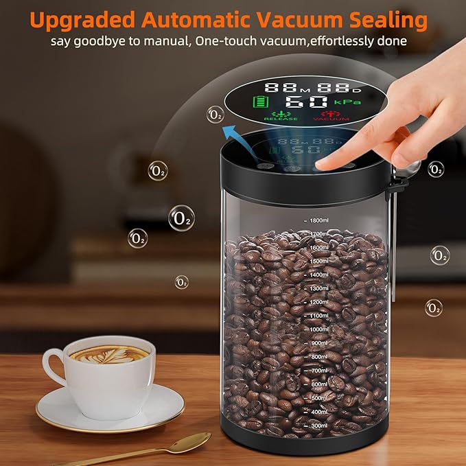 Electric Vacuum Coffee Canister, 2.0L Glass Airtight Food Storage Container | with Smart Pressure Sensor, Automatic Coffee Bean Container Rechargeable with LED Display Window for Kitchen Food Storage