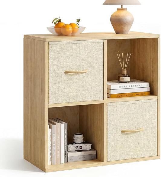 EXPERLAM 4 Cube Storage Organizer - Solid Wood Bookshelf with 2 Storage Bins, Cube Shelf with 2 Removable Back Panels, Vertical or Horizontal Bookcase, Open Book Shelf for Bedroom, Living Room, Office