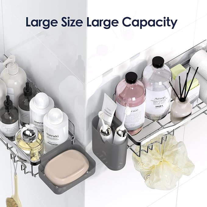 NESOMI Shower Caddy Adhesive Shower Organizer 7-Pack, Rustproof Stainless Steel Bathroom Shelves, Large Capacity No-Drill Rack Storage Accessories with Soap Dish Toothbrush Holder Hooks