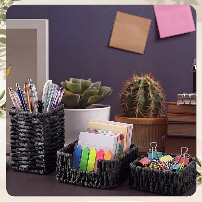 Black Paper Rope Woven Desk Organizer Set of 3 Natural Desktop Accessories Pencil Pen Cup Paper Clip Storage and Sticky Note Holder for Women Men Farmhouse Office Home Desktop Table Decor