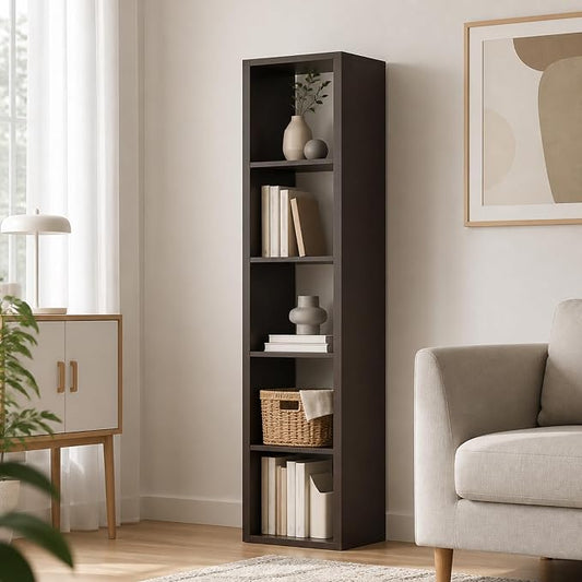 4-Cube Tall Cubicle Bookshelf, Cube Bookcase with Open Back, Reversible Book Shelf, Cube Storage Organizer, 15 x 16 x 58, for Living Room, Home Office, Dark Oak