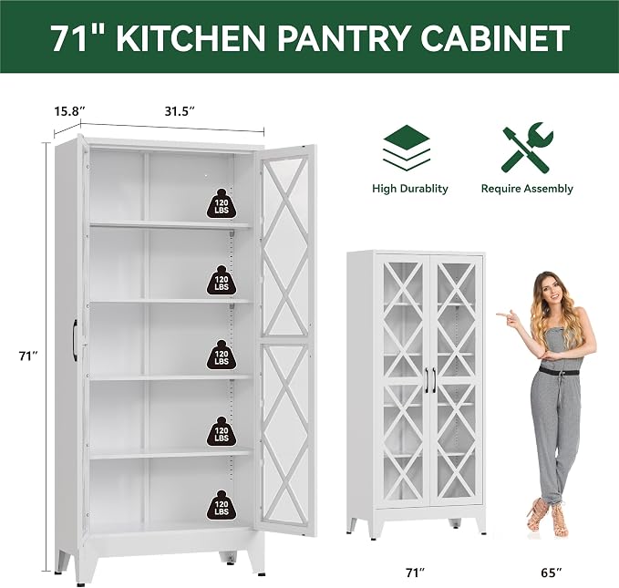 Bevivog 71" Tall Display Cabinet with Glass Doors, Farmhouse Metal Storage Glass Cabinet with 4 Adjustable Shelves, White Vintage Storage Cabinet for Collectibles,Curio, Books, Chinaware, Figures