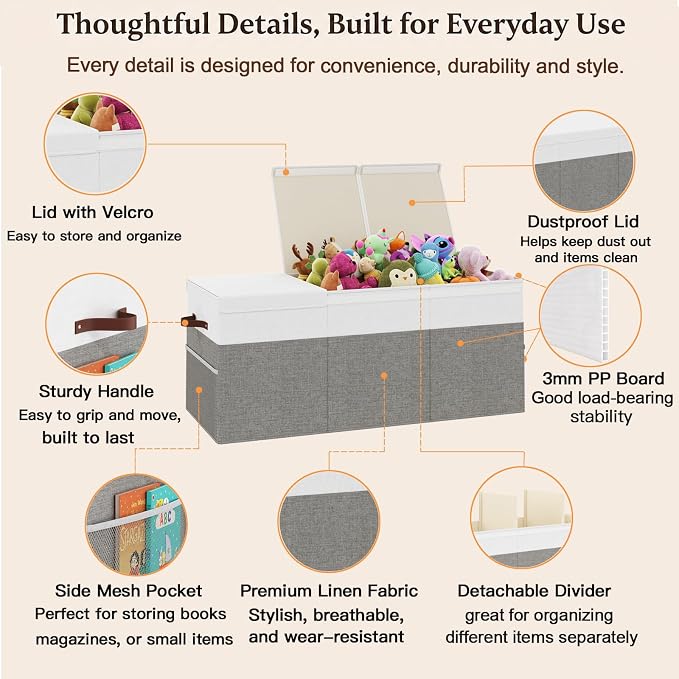 150L Extra Large Toy Storage Box with Lid for Boys Girls Nursery Playroom | Collapsible with Lid, Removable Divider, 40"x14"x16", Side Pockets, For Nursery, Living Room, Playroom