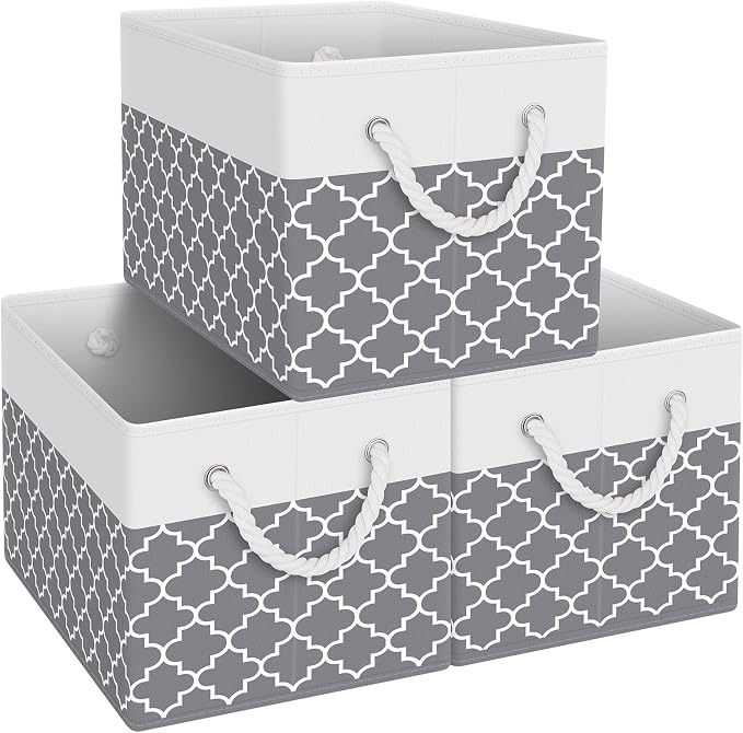 Fab totes Storage Bins 3-Pack, Foldable Storage Baskets for Organizing Toys, Books, Shelves, Closet, Large Storage Box with Rope Handles, Sturdy Organizer Bins,Clover Grey