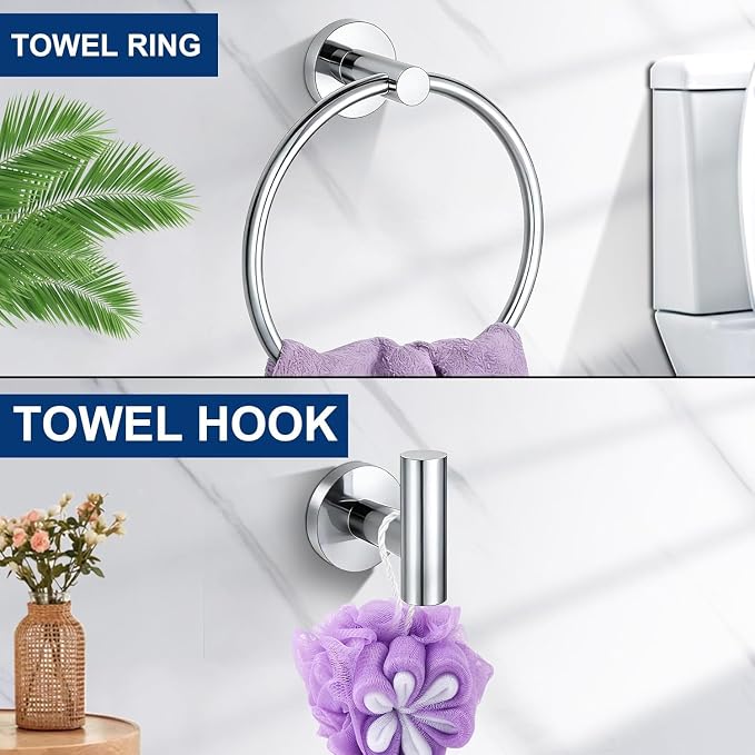 5 Pieces Polished Chrome Bathroom Hardware Accessories Set, SUS304 Stainless Steel 24 Inch Bath Towel Bar Set, Round Bathroom Towel Holder Set, Towel Racks for Bathroom Wall Mounted